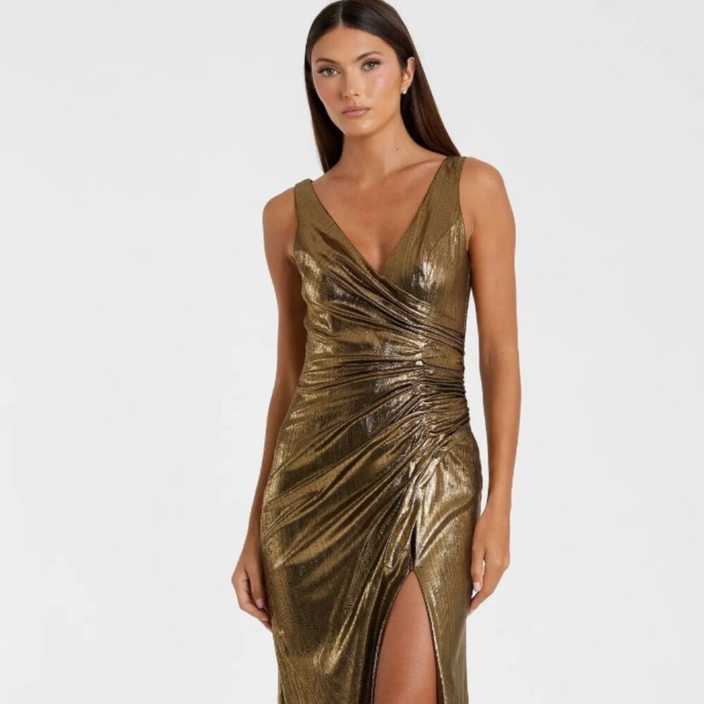 Mac Duggal Gold Metallic Ruched Front Slip V-Neck Gown